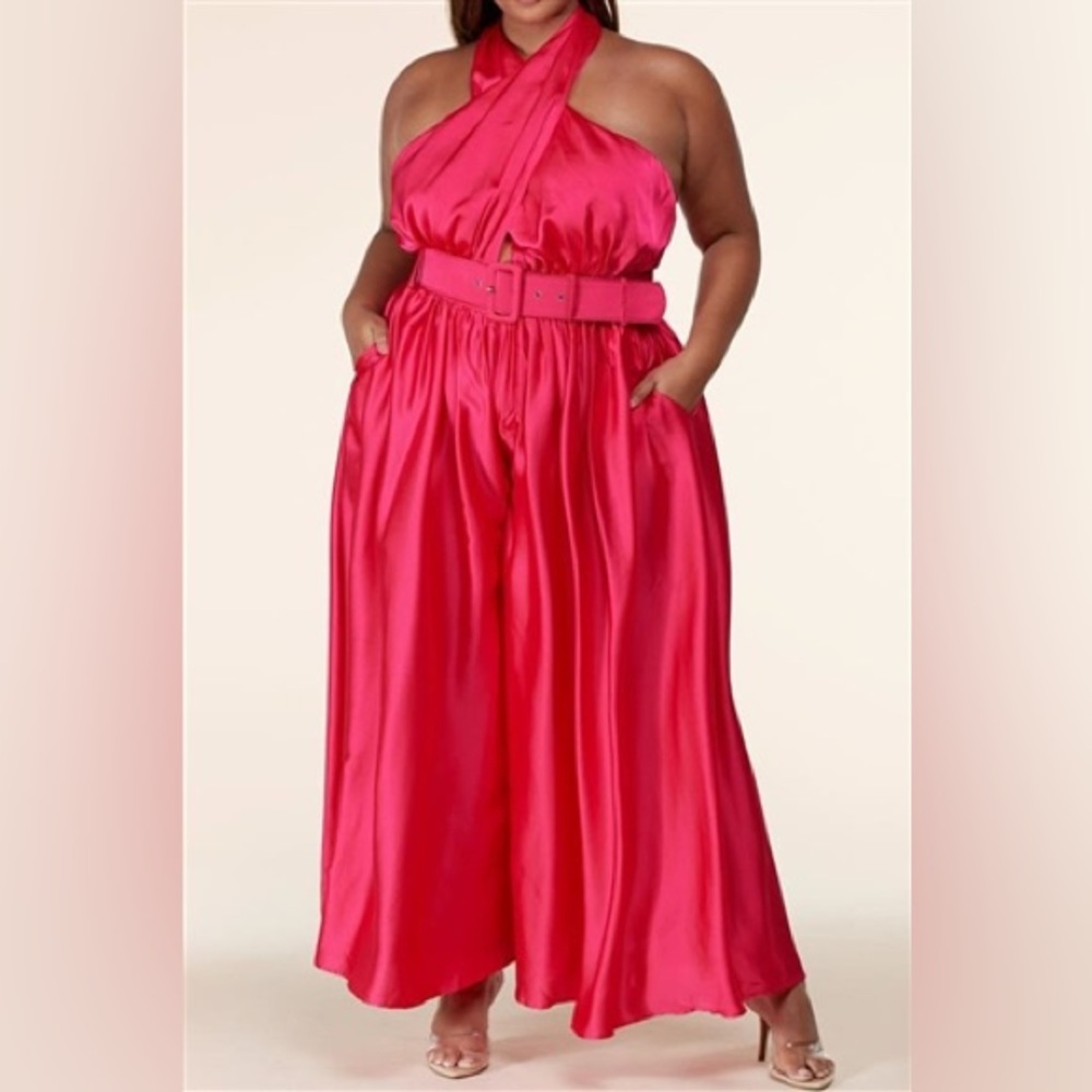 Chic Pink Satin Jumpsuit with Belt By Latiste